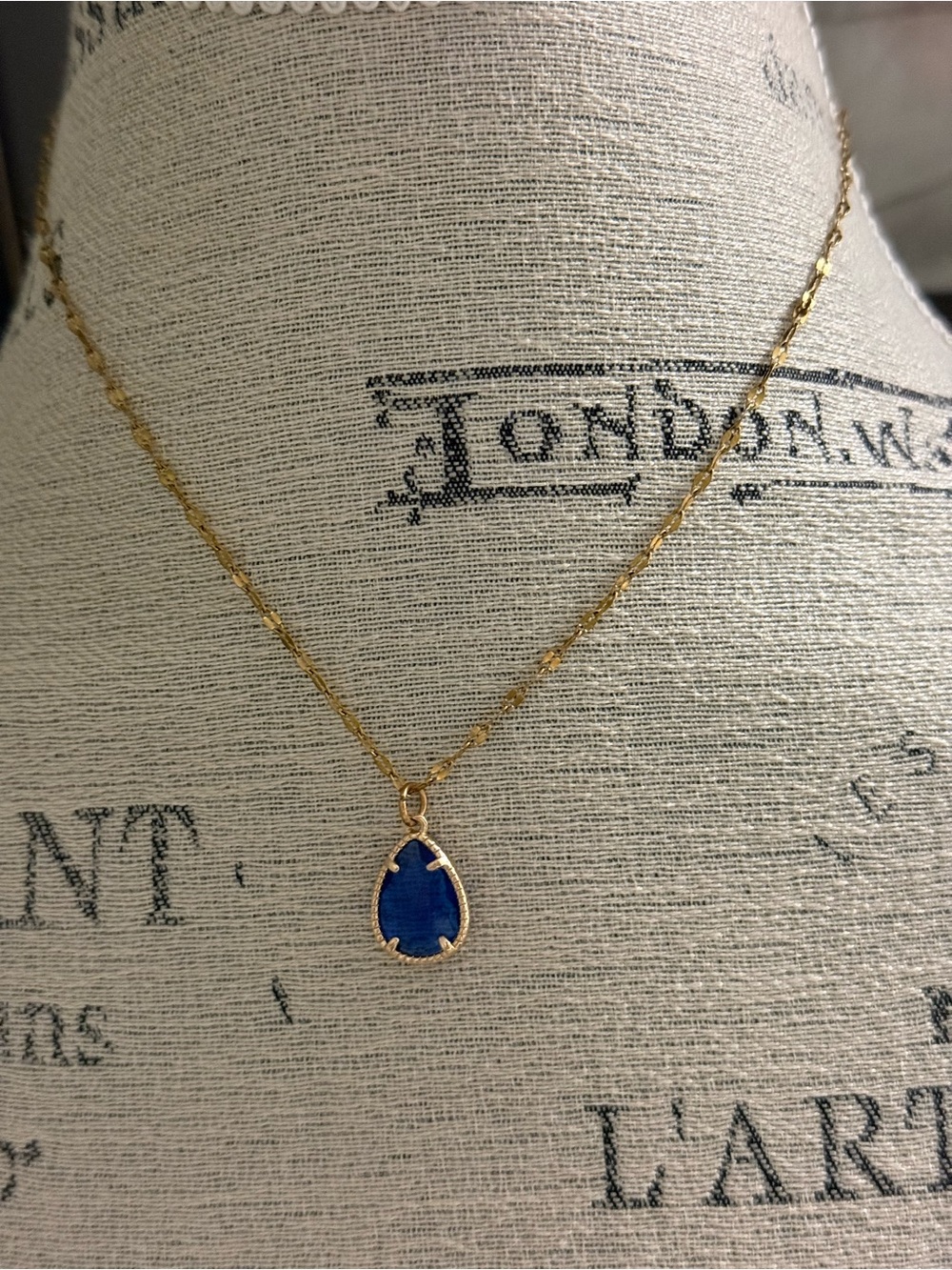 Gold Plated Stainless Steel Teardrop Blue Stone Necklace